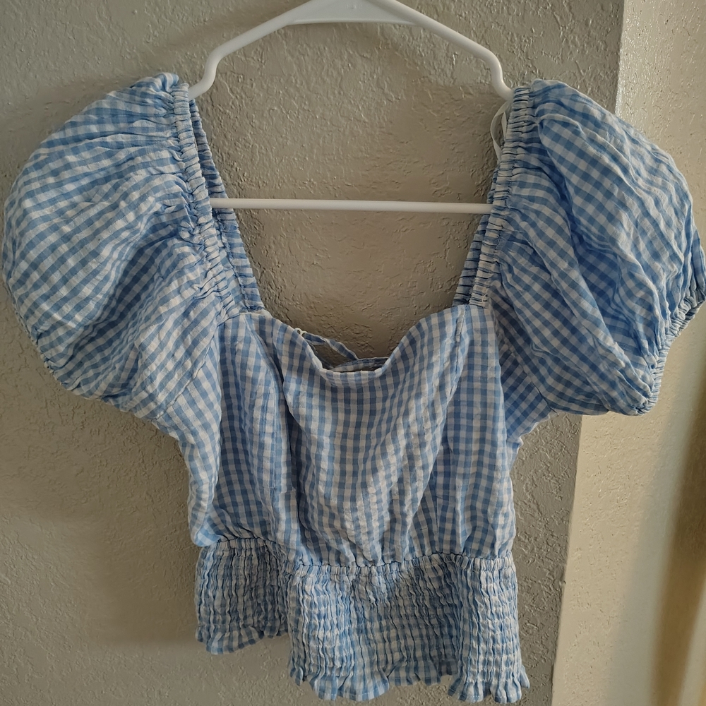 Elegant Blue Checkered Puff Sleeve Blouse